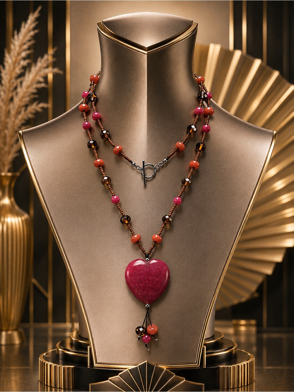 🆕😍Handcrafted Pink & Aubergine Agate Heart Pendant Necklace - Women Jewelry